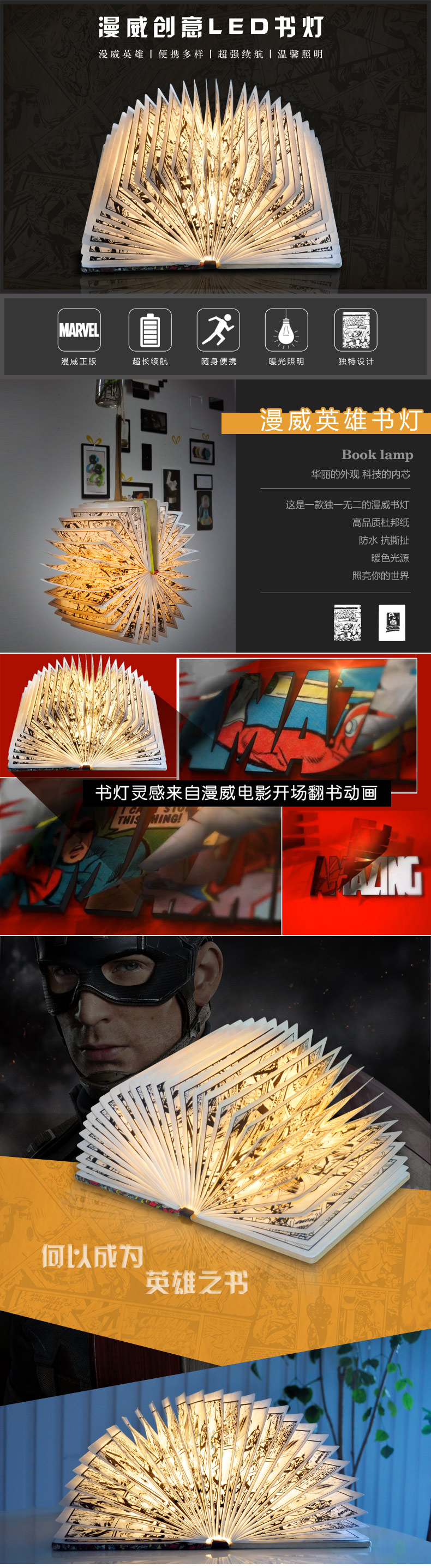 漫威正版復(fù)古漫畫書燈折疊翻頁(yè)無(wú)線書燈LED創(chuàng)意充電式書本燈禮物 上海禮物