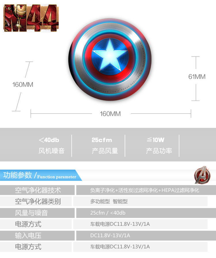迪士尼卡通漫威英雄美國(guó)隊(duì)長(zhǎng)盾牌車載空氣凈化器 上海禮物
