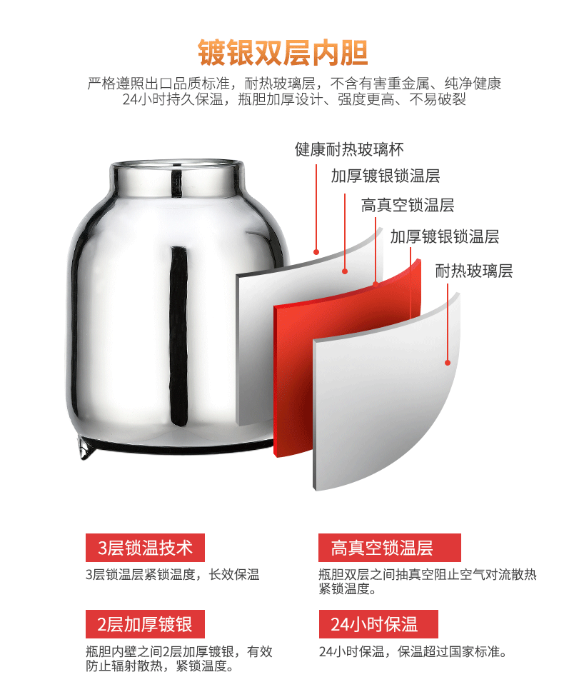 清水時尚咖啡壺進口玻璃內膽保溫壺辦公家用暖水壺精致熱水瓶1L