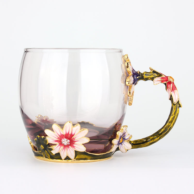 創意琺瑯彩玻璃水杯、情侶茶杯、花茶杯情人節禮物（對杯）