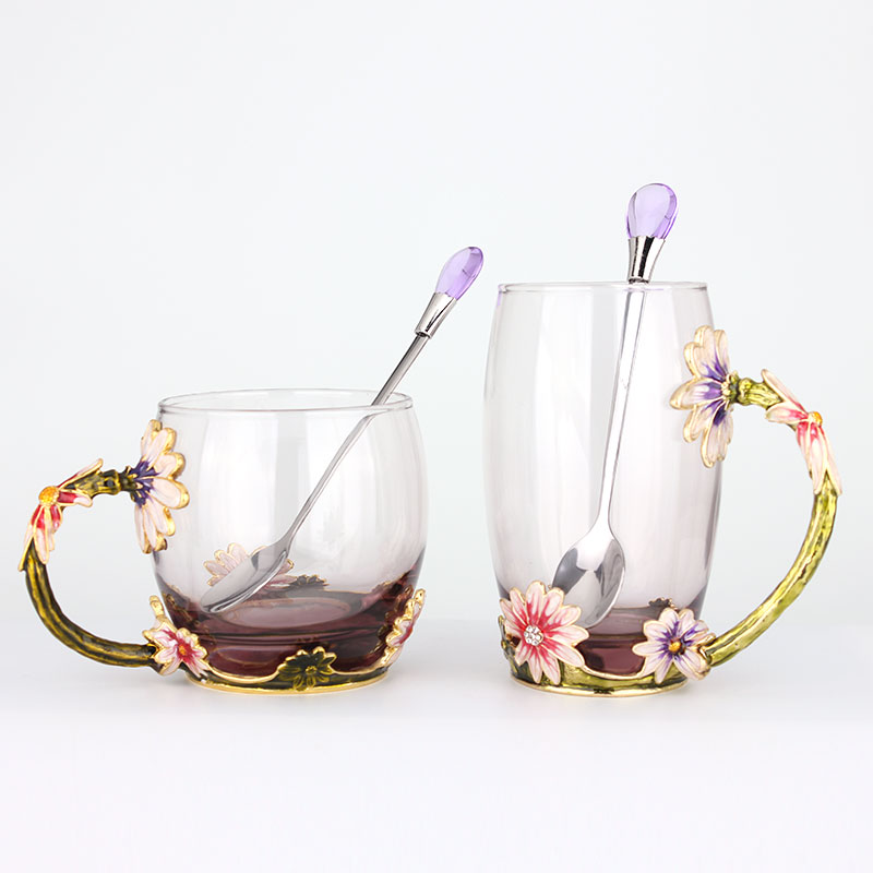 創意琺瑯彩玻璃水杯、情侶茶杯、花茶杯情人節禮物（對杯）