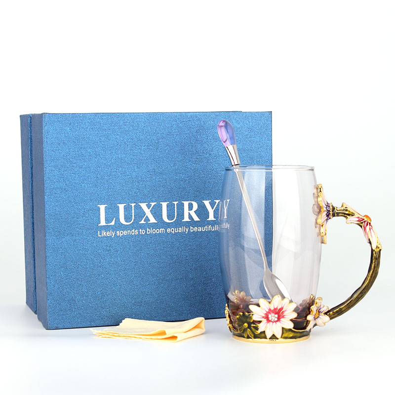 創意琺瑯彩玻璃水杯、情侶茶杯、花茶杯情人節禮物（對杯）