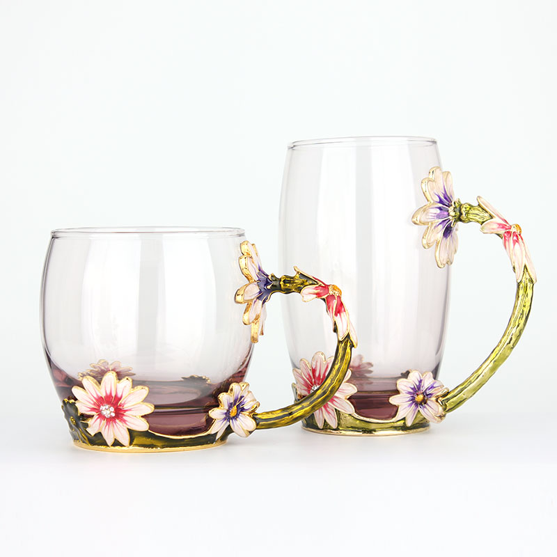 創意琺瑯彩玻璃水杯、情侶茶杯、花茶杯情人節禮物（對杯）