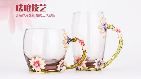 創意琺瑯彩玻璃水杯、情侶茶杯、花茶杯情人節禮物（對杯）